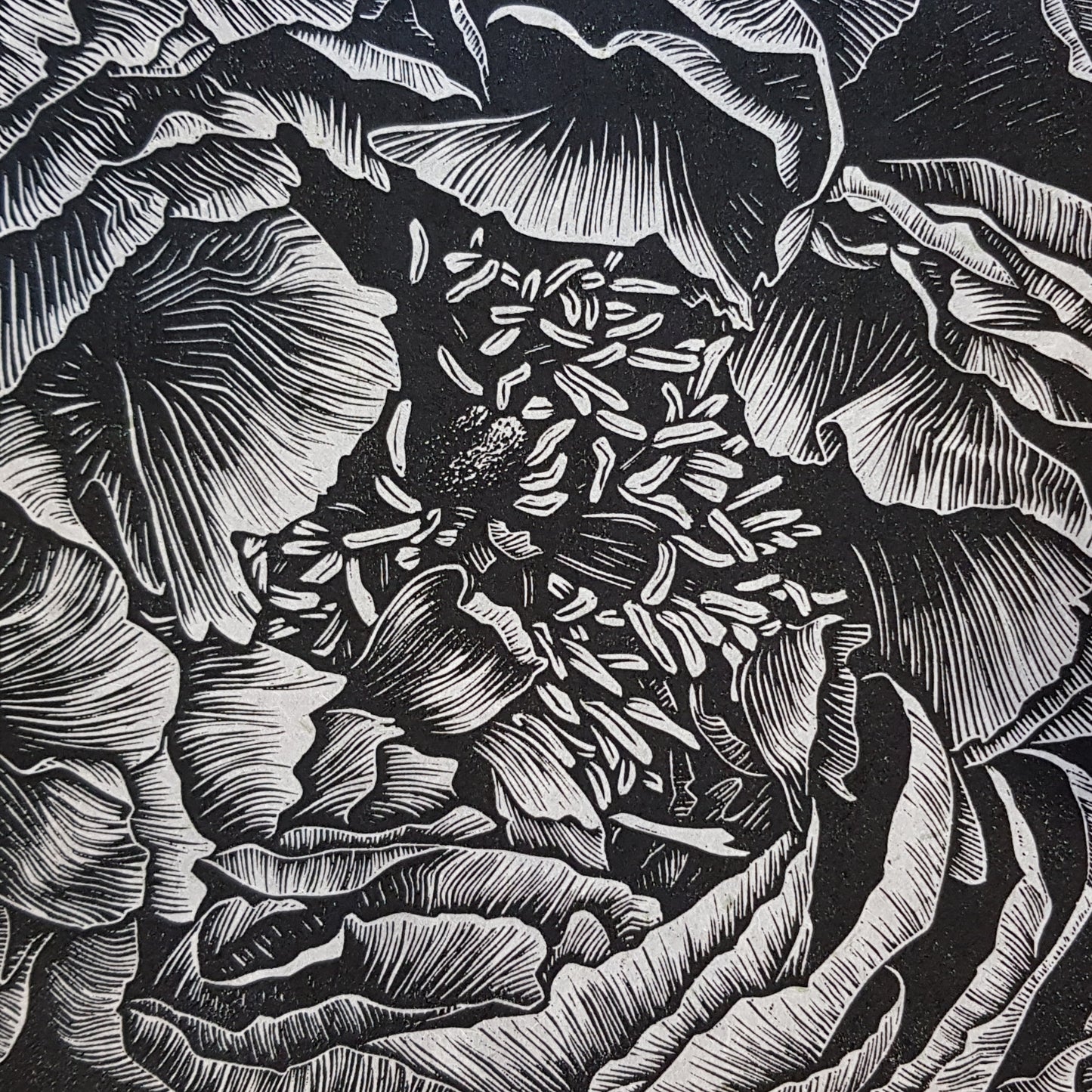 Peony linocut on natural lokta paper