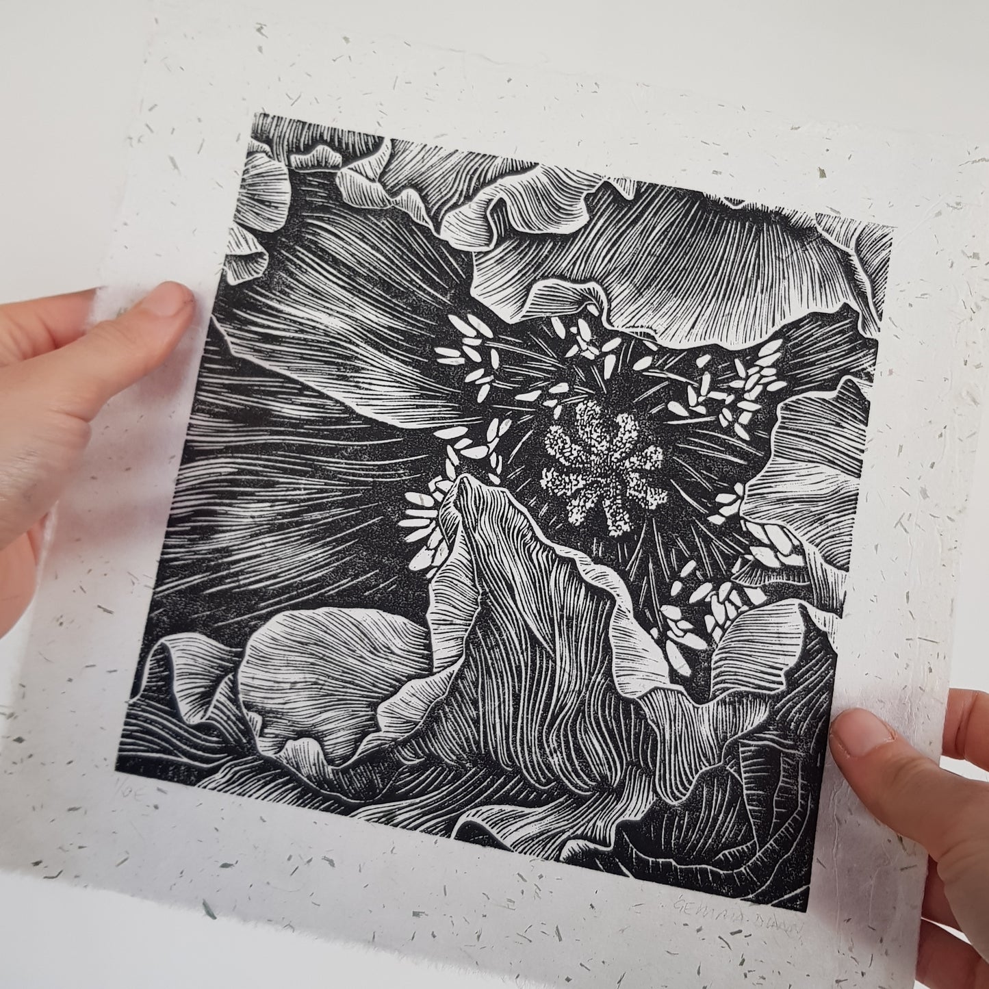Poppy linocut on natural lokta paper