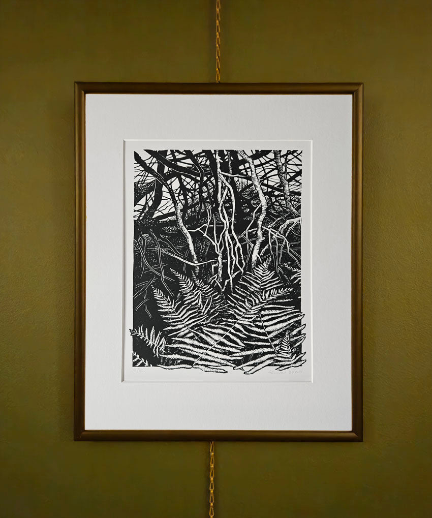 Forest and Ferns linocut on white