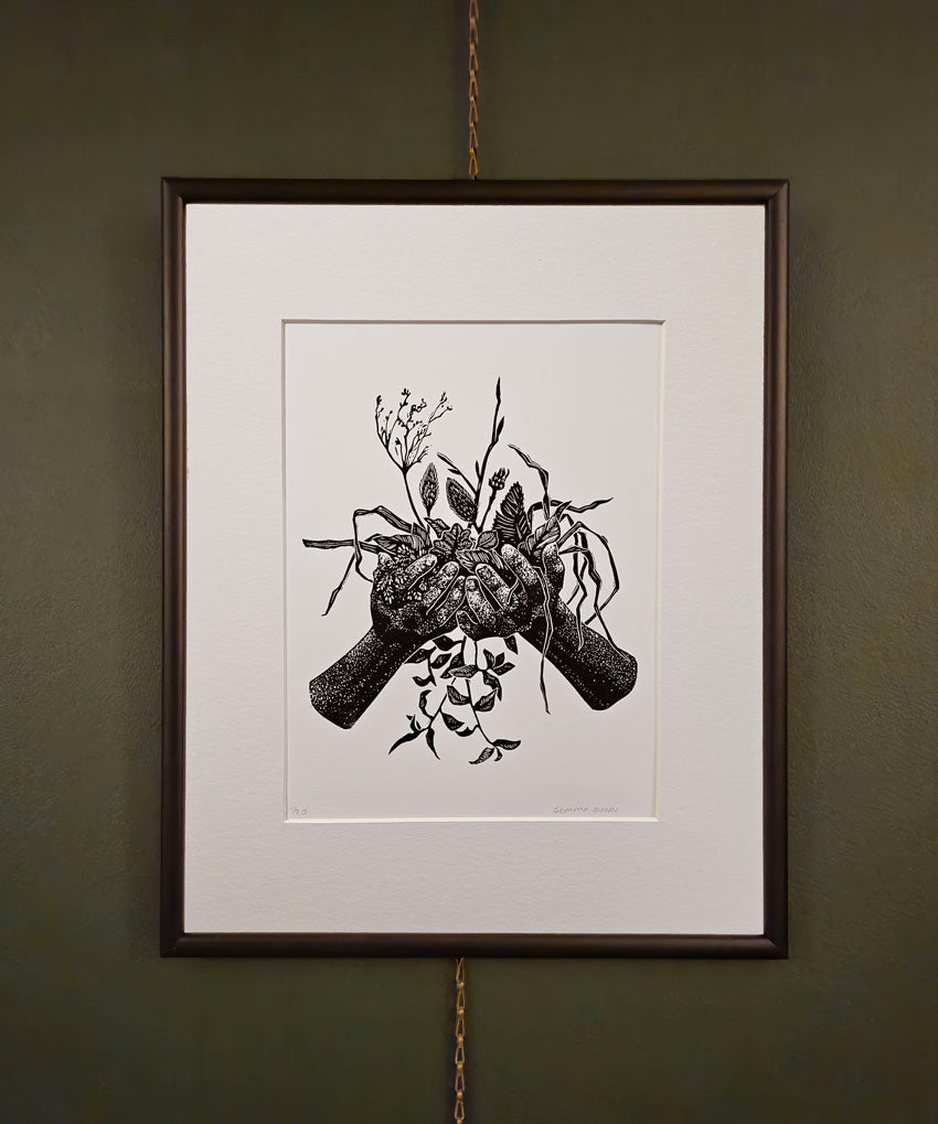 Gathered linocut on white