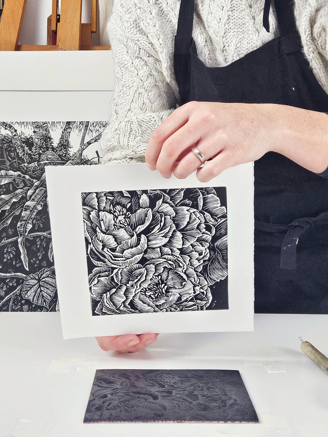 freshly printed black and white peonies linocut