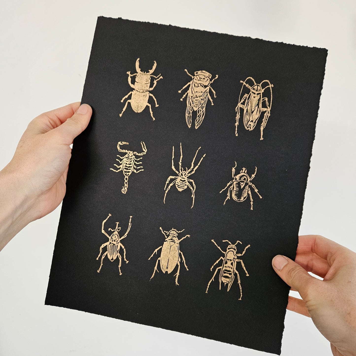 Bugs linocut gold on black