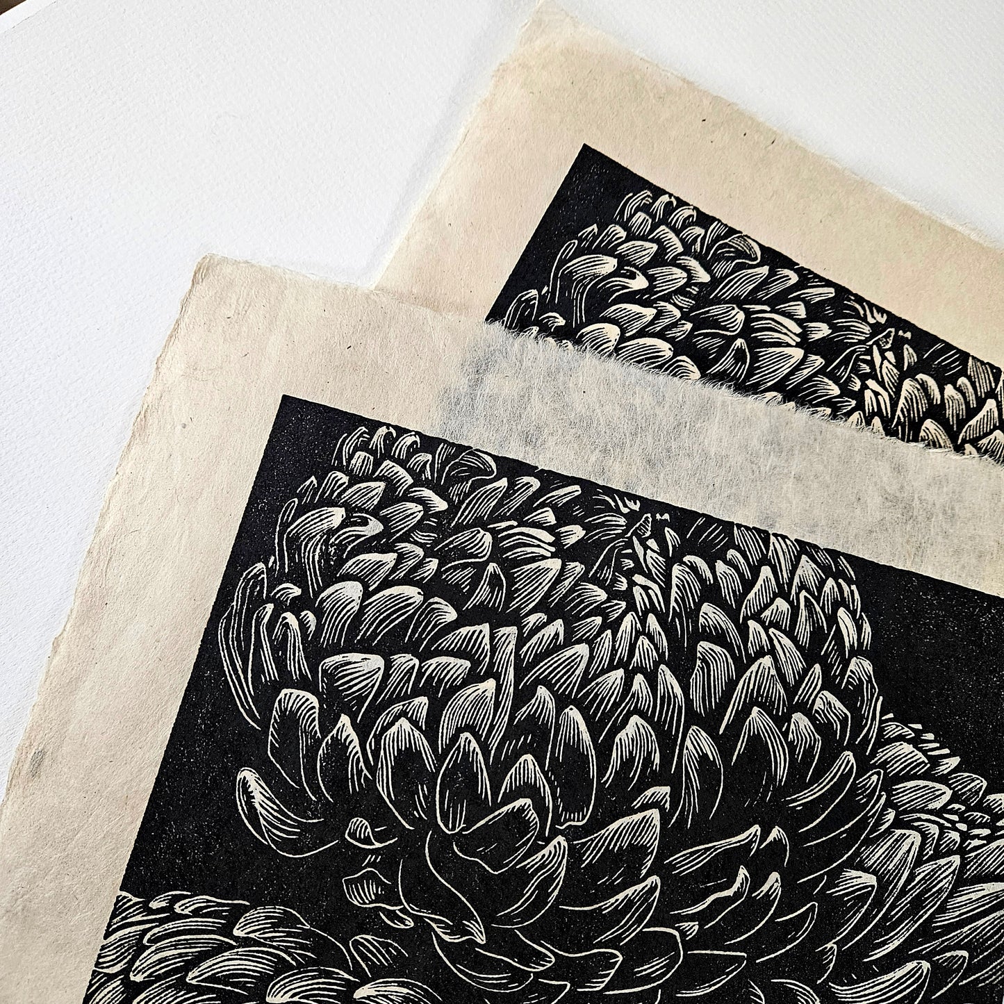 Chrysanthemum linocut on natural lokta paper