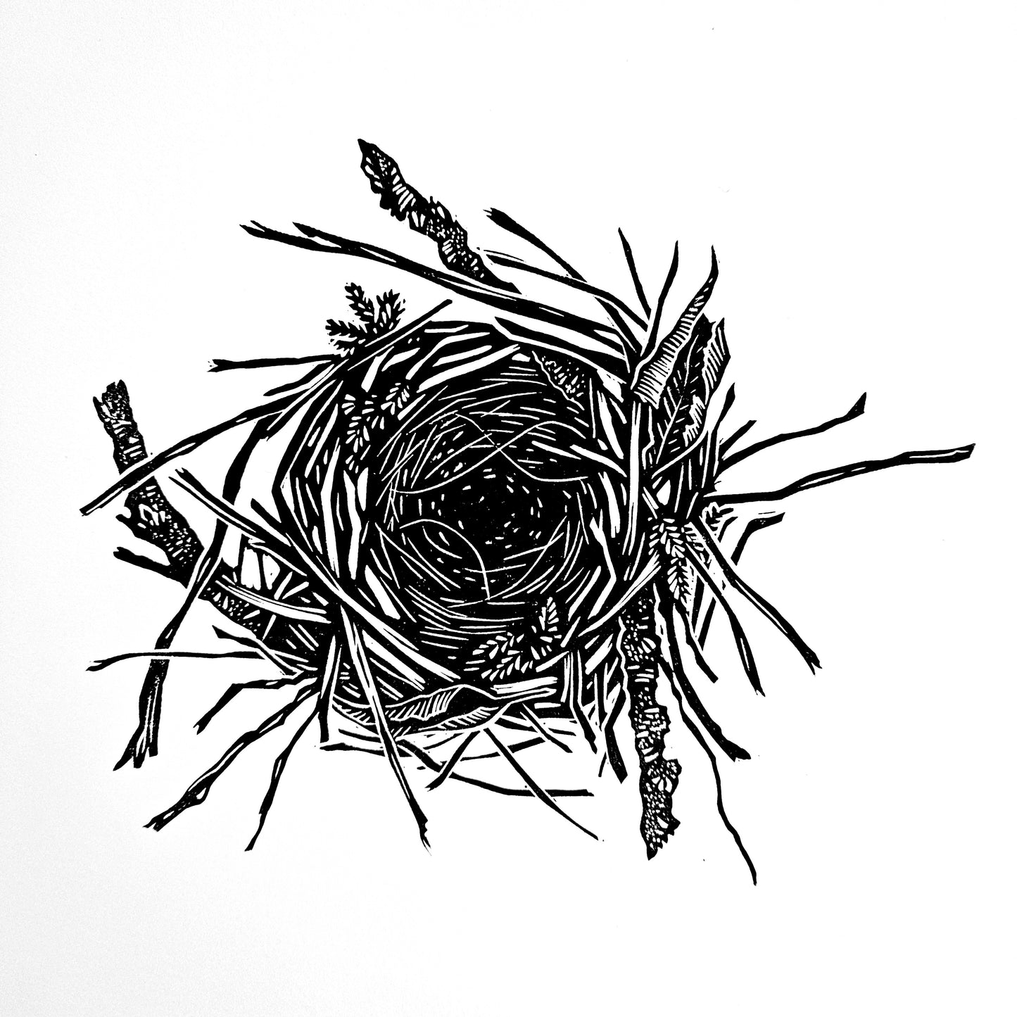 Nest linocut on white