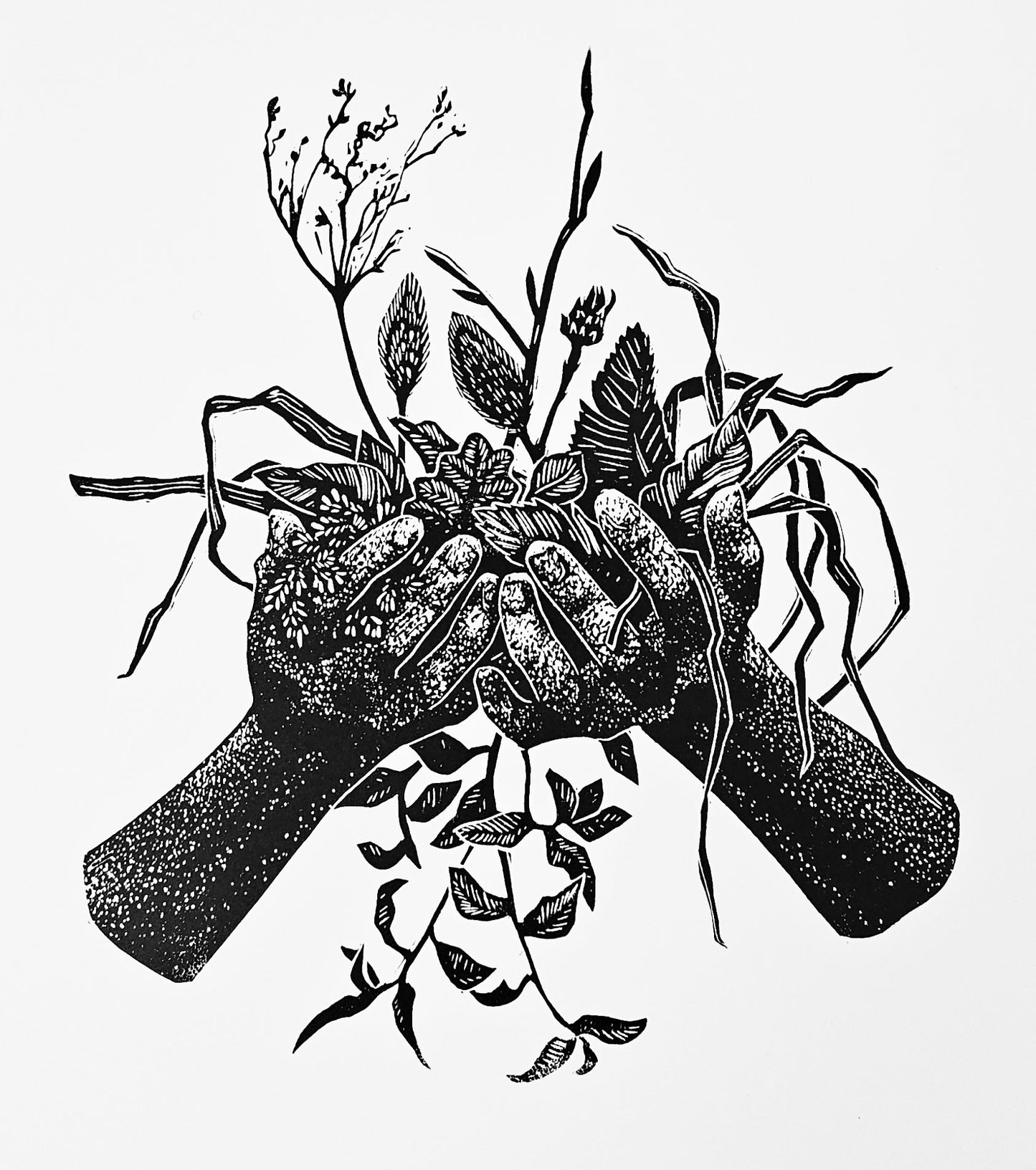 Gathered linocut on white