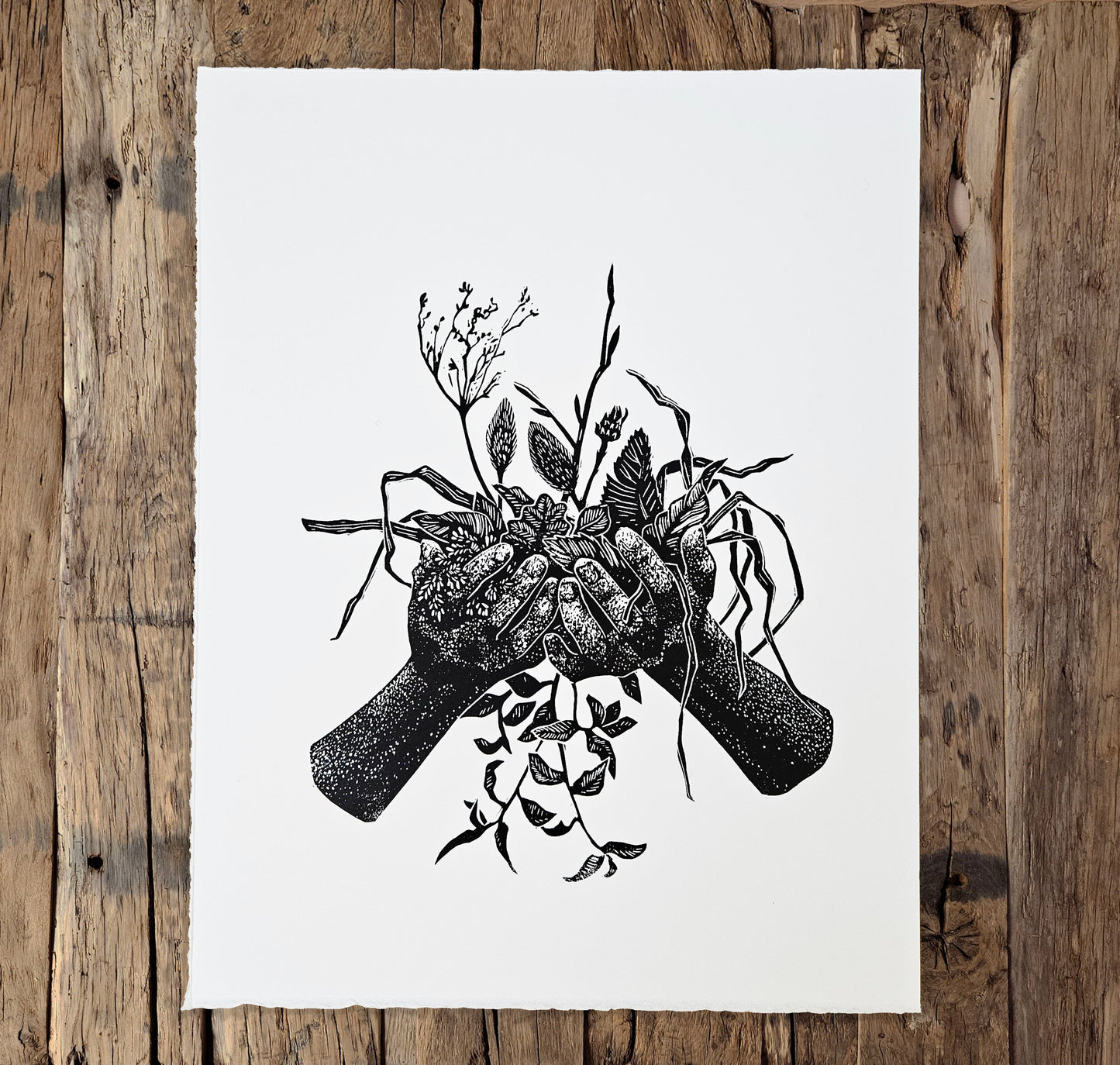 Gathered linocut on white