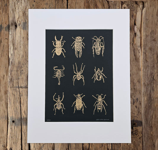 Bugs linocut gold on black