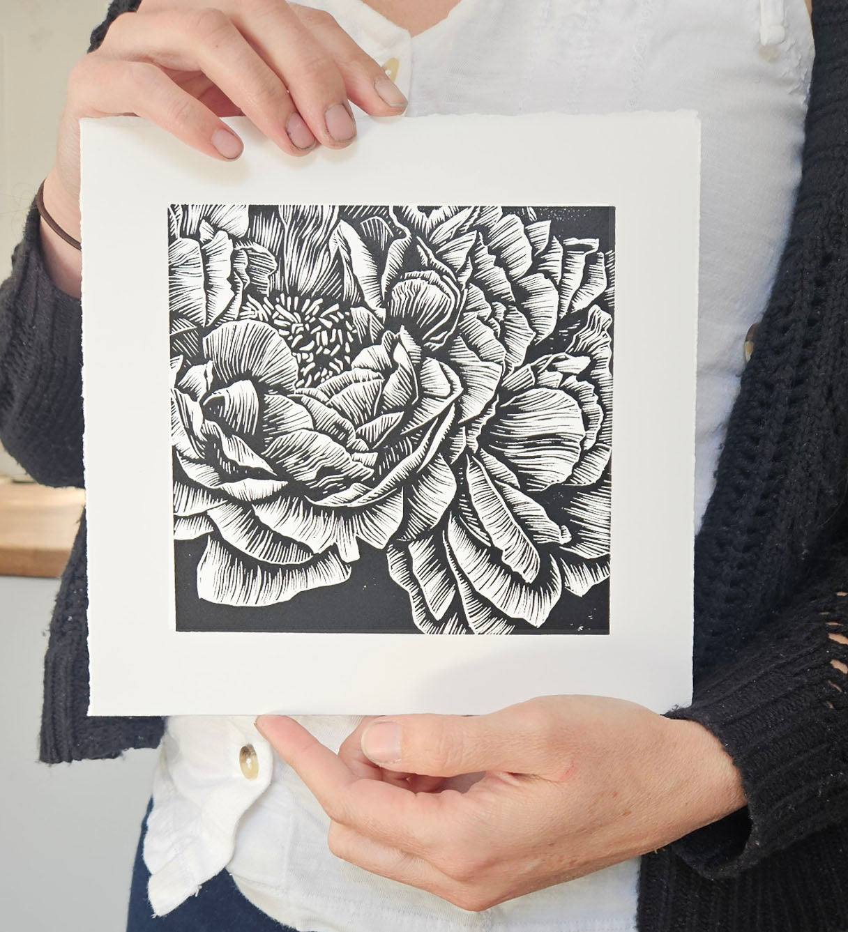 Bunch of Peonies II linocut