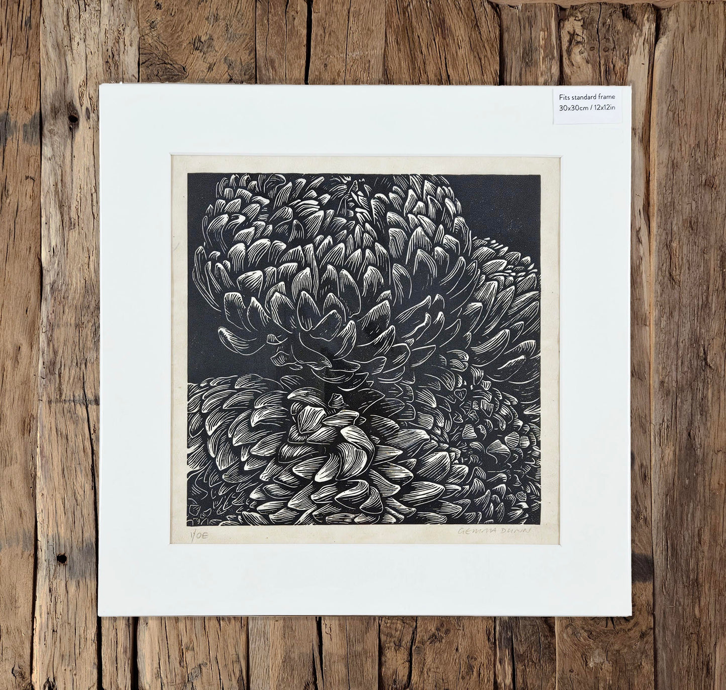 Chrysanthemum linocut on natural lokta paper