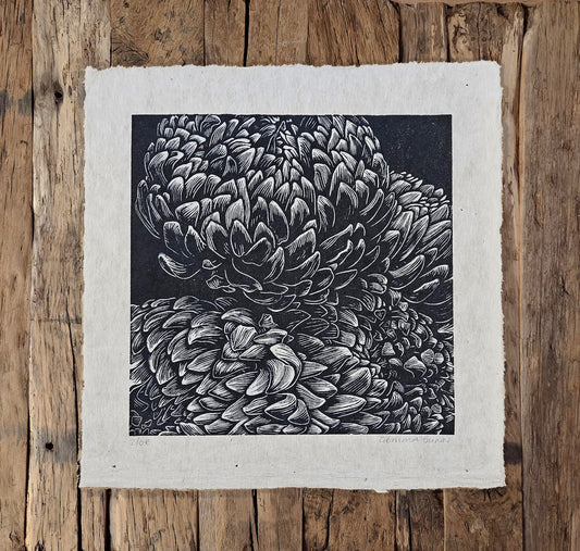 Chrysanthemum linocut on natural lokta paper