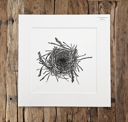 Nest linocut on white