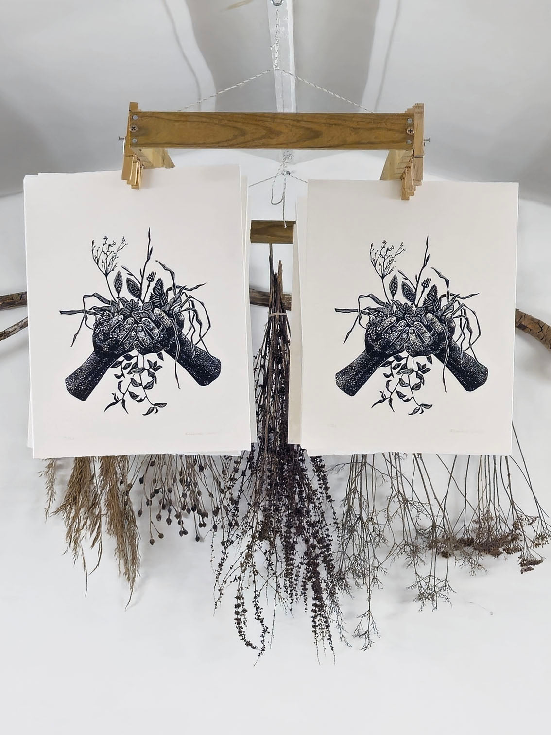 Gathered linocut on white