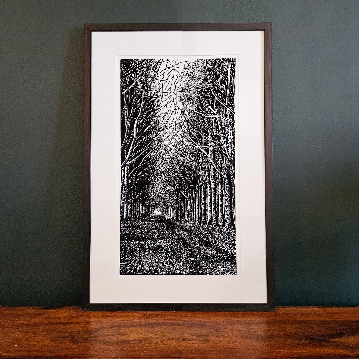 Grovely Woods linocut on white