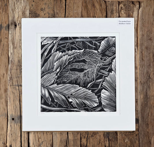 Leaf Skeleton linocut on white
