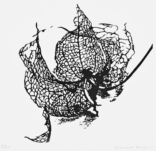 Black and white linocut of a physalis leaf skeleton