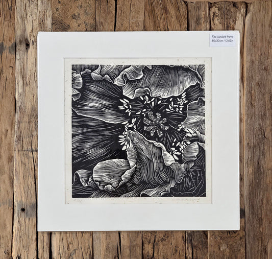 Poppy linocut on natural lokta paper