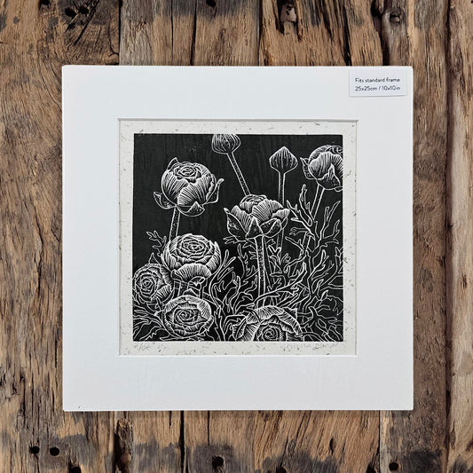 Ranunculus linocut on natural lokta paper