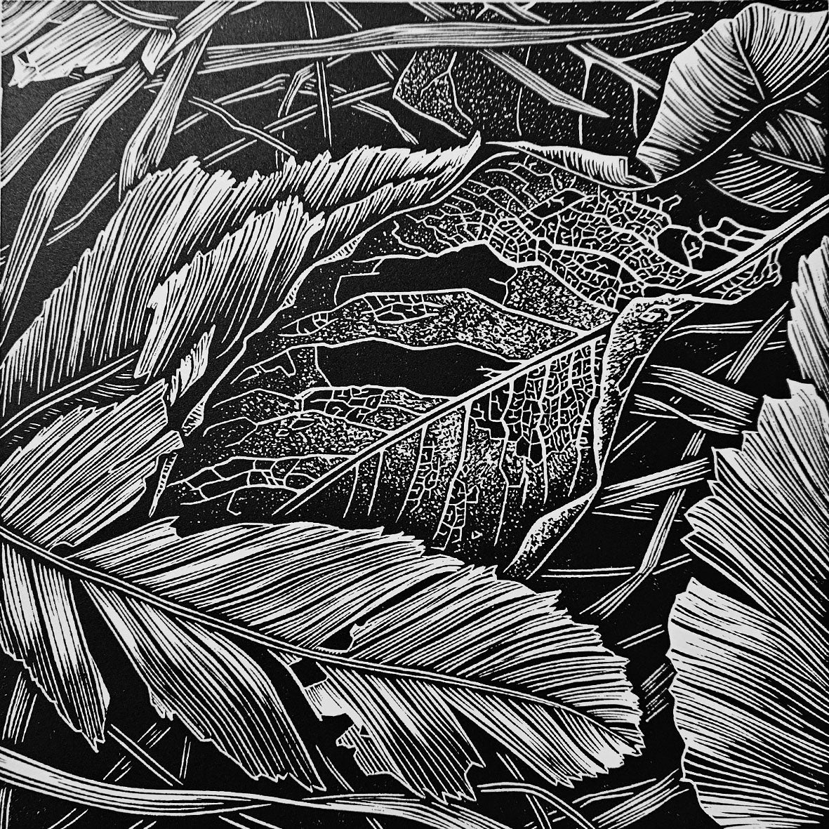 leaf skeleton linocut