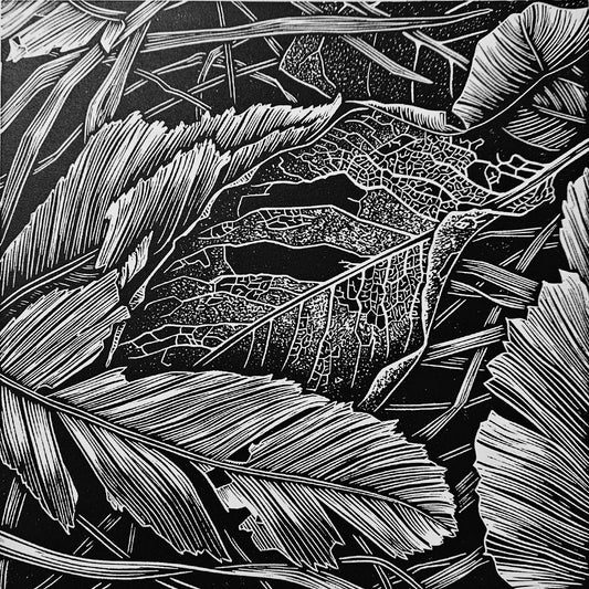 leaf skeleton linocut
