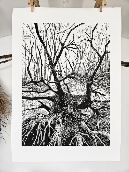 Tree Roots linocut on white